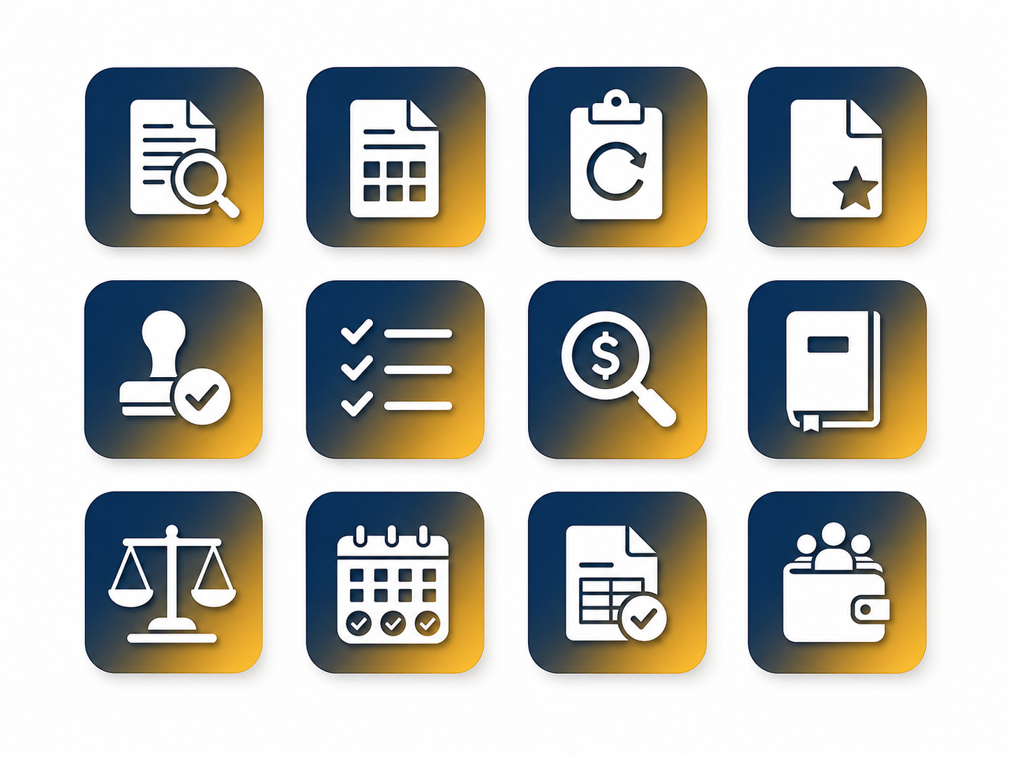 The 12 engagement templates as flat-design icons — one for every audit-firm service